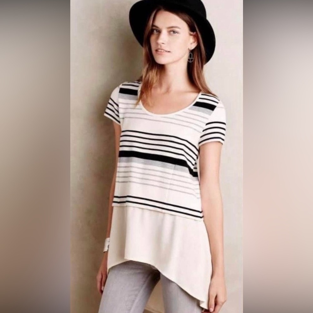 Anthropologie Deletta Striped Tunic High Low Hem Cream‎ Black Grey Size XS-M